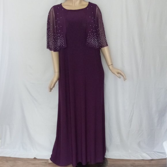 NWT MARINA Plum Maxi Cocktail Dress - Size 22W - Beaded Overlay & Sheer Cape - Picture 1 of 8